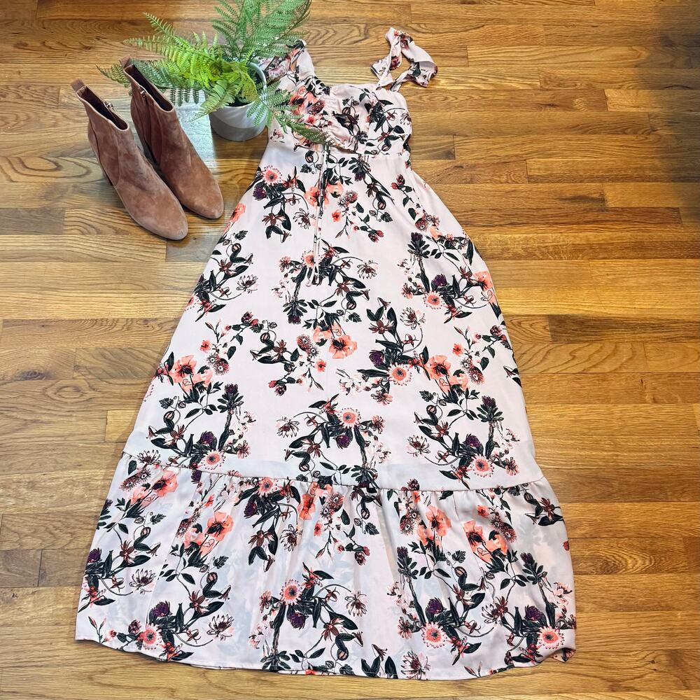 Chelsea 28 Women’s XXS Floral Botanical Blooms Pink Tie Front Ruffle Midi Dress
